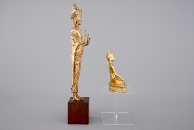 Two Asian gilt Buddha's, one Sino-Tibetan, seated, one standing, Nepalese (?), 19/20th C.