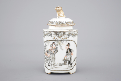 Chinese grisaille export porcelain: a tea caddy, saucer and teapot stand, 18th C