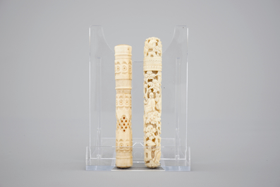 A carved Chinese ivory group of 3 Immortals, a fisherman and two needle cases, with an Indian carved ivory goddess, 19th C.