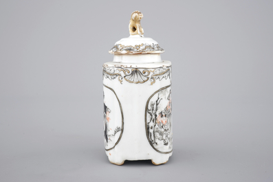 Chinese grisaille export porcelain: a tea caddy, saucer and teapot stand, 18th C