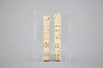 A carved Chinese ivory group of 3 Immortals, a fisherman and two needle cases, with an Indian carved ivory goddess, 19th C.