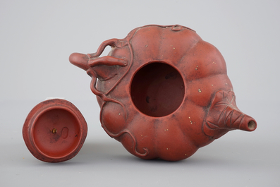 A Chinese Yixing stoneware pumpkin-shaped teapot, 19th C