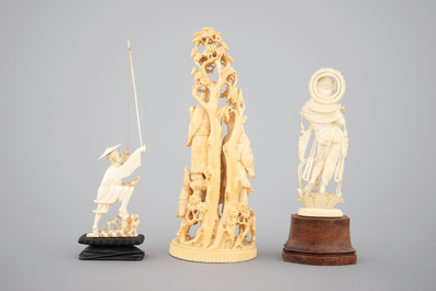 A carved Chinese ivory group of 3 Immortals, a fisherman and two needle cases, with an Indian carved ivory goddess, 19th C.