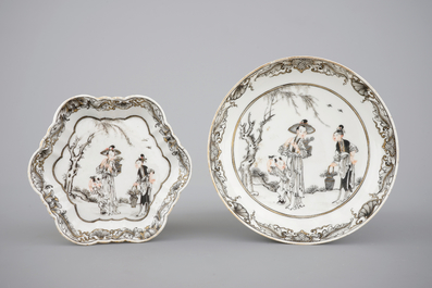 Chinese grisaille export porcelain: a tea caddy, saucer and teapot stand, 18th C