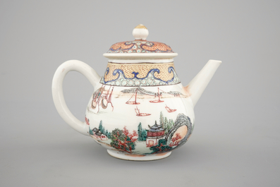 A Chinese export porcelain tea pot or jug and cover with a harbor scene, Yongzheng, 1722-1735