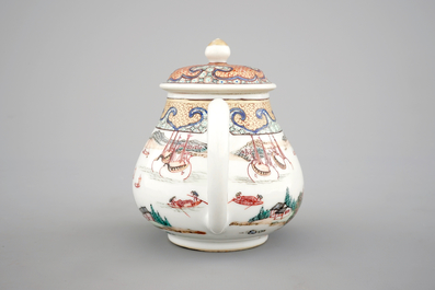 A Chinese export porcelain tea pot or jug and cover with a harbor scene, Yongzheng, 1722-1735