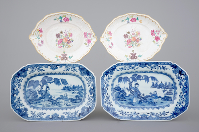 Two pairs of Chinese porcelain serving trays, blue and white and famille rose, 18th C.
