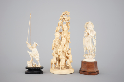 A carved Chinese ivory group of 3 Immortals, a fisherman and two needle cases, with an Indian carved ivory goddess, 19th C.