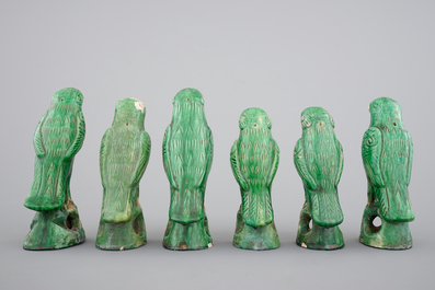 A set of six Chinese sancai pottery figures of parrots, late Qing Dynasty