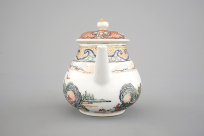 A Chinese export porcelain tea pot or jug and cover with a harbor scene, Yongzheng, 1722-1735