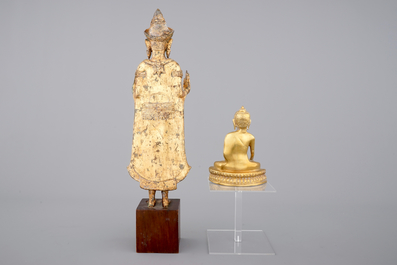 Two Asian gilt Buddha's, one Sino-Tibetan, seated, one standing, Nepalese (?), 19/20th C.