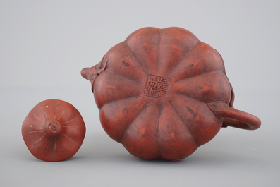 A Chinese Yixing stoneware pumpkin-shaped teapot, 19th C