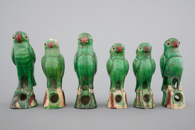 A set of six Chinese sancai pottery figures of parrots, late Qing Dynasty