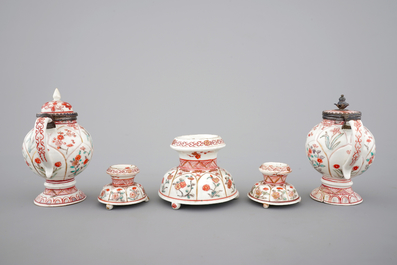 A set of three Chinese famille verte and iron red porcelain salts and two mustard pots with silver mounts, Kangxi, ca. 1700