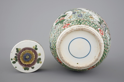 A tall famille verte ginger jar and cover, 19th C