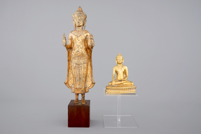 Two Asian gilt Buddha's, one Sino-Tibetan, seated, one standing, Nepalese (?), 19/20th C.