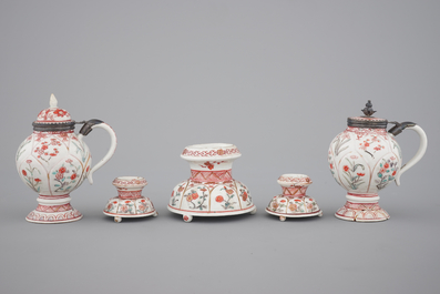 A set of three Chinese famille verte and iron red porcelain salts and two mustard pots with silver mounts, Kangxi, ca. 1700