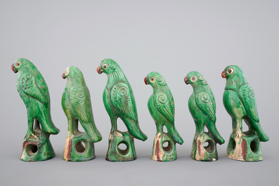 A set of six Chinese sancai pottery figures of parrots, late Qing Dynasty