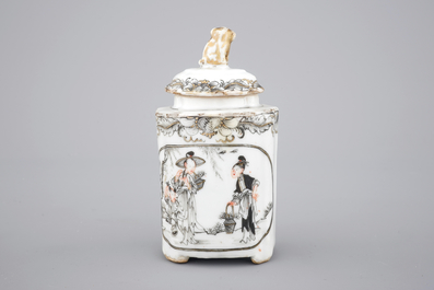 Chinese grisaille export porcelain: a tea caddy, saucer and teapot stand, 18th C