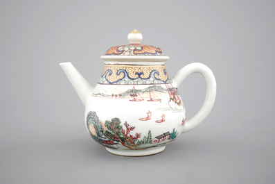 A Chinese export porcelain tea pot or jug and cover with a harbor scene, Yongzheng, 1722-1735