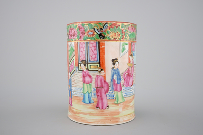 A good Chinese Canton famille rose porcelain brush pot, 19th C.
