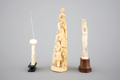A carved Chinese ivory group of 3 Immortals, a fisherman and two needle cases, with an Indian carved ivory goddess, 19th C.