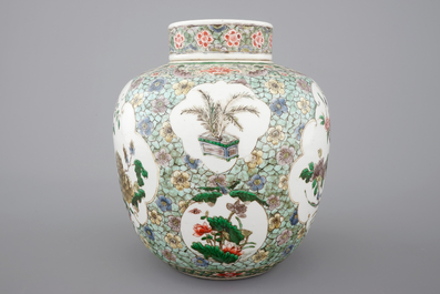 A tall famille verte ginger jar and cover, 19th C