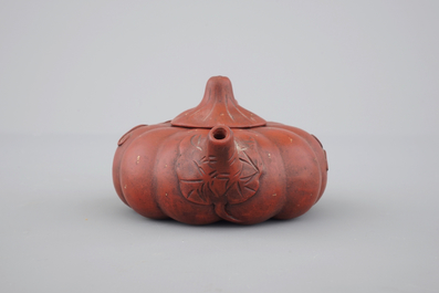 A Chinese Yixing stoneware pumpkin-shaped teapot, 19th C