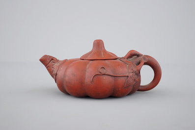 A Chinese Yixing stoneware pumpkin-shaped teapot, 19th C