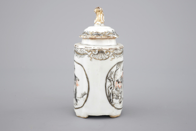 Chinese grisaille export porcelain: a tea caddy, saucer and teapot stand, 18th C