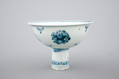 A Chinese blue and white porcelain stemcup with flowers and birds, early Ming, ca. 1500