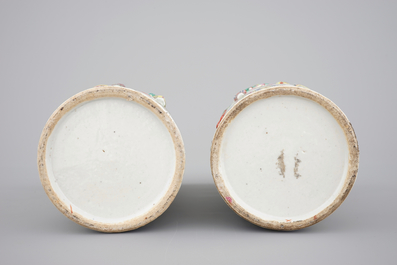 A pair of Chinese famille rose porcelain relief-moulded hat stands, 19th C.