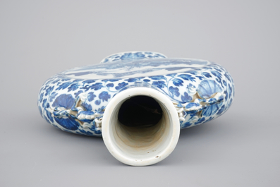 A Chinese blue and white porcelain moon flask with a fine landscape amidst lotus scrolls, 19th C.