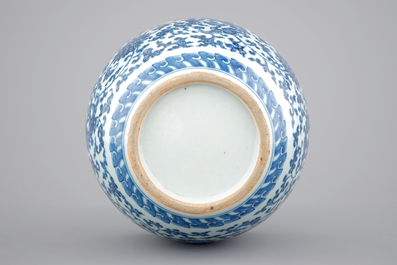 A Chinese blue and white Ming-style porcelain &quot;arrow&quot; vase with lotus scrolls, 19/20th C.