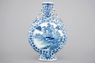 A Chinese blue and white porcelain moon flask with a fine landscape amidst lotus scrolls, 19th C.