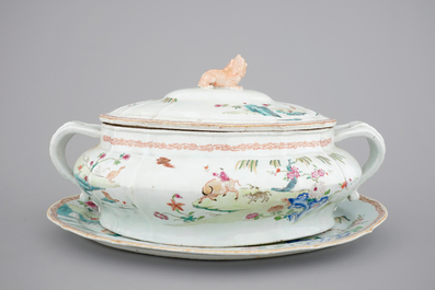 A Chinese famille rose export porcelain tureen on stand, Qianlong, 18th C.