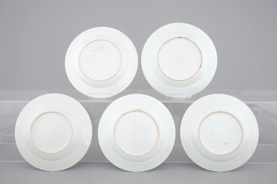 A set of 5 perfect famille rose floral plates, Qianlong, 18th C