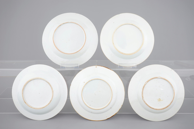 A set of five Chinese famille rose porcelain plates, Yongzheng and Qianlong, 18th C.