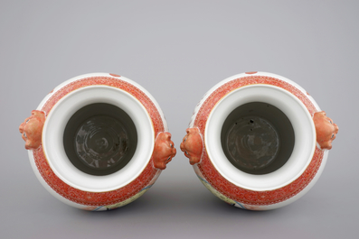 An important and fine pair of republic Chinese famille rose porcelain vases, first half of the 20th C.
