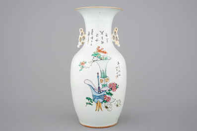 A two-sided Chinese porcelain vase with a garden scene of beauties, ca 1900