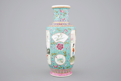A Chinese famille rose porcelain rouleau vase, 20th C.