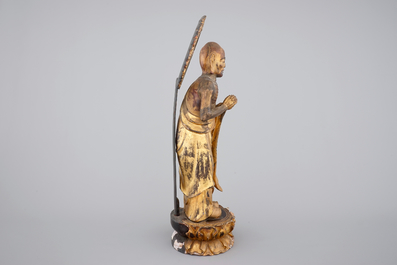 A Japanese gilded wooden Rakan (Arhat) with inlayed eyes, Edo period, 18th C.