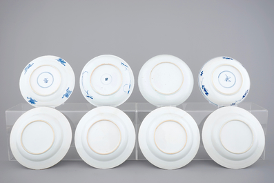A set of 8 blue and white 18th C. plates: A set of 4 Qianlong figural plates, three Kangxi plates and a Qianlong floral plate