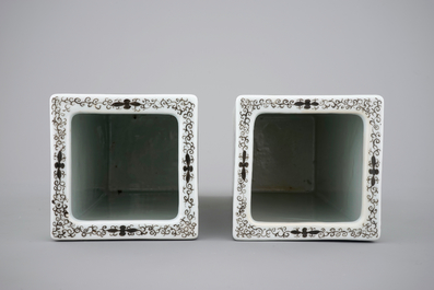 A pair of square Chinese famille rose vases with flowers, 20th C.