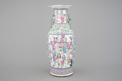 A tall Chinese porcelain famille rose vase with a figural scene and a small Qianjiang type vase, 19th C.