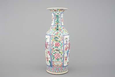 A tall Chinese porcelain famille rose vase with a figural scene, 19th C.