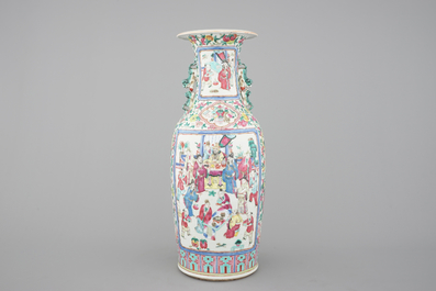 A tall Chinese porcelain famille rose vase with a figural scene, 19th C.