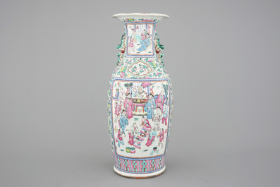 A tall Chinese porcelain famille rose vase with a figural scene and a small Qianjiang type vase, 19th C.