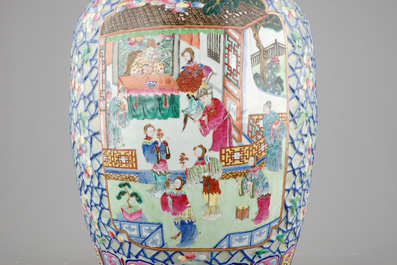 A massive pair of Chinese relief-decorated famille rose porcelain vases, 19th C.