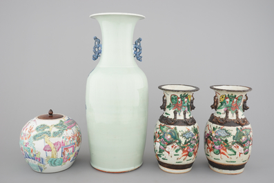 A set of four various Chinese famille rose and other vases, 19th C.
